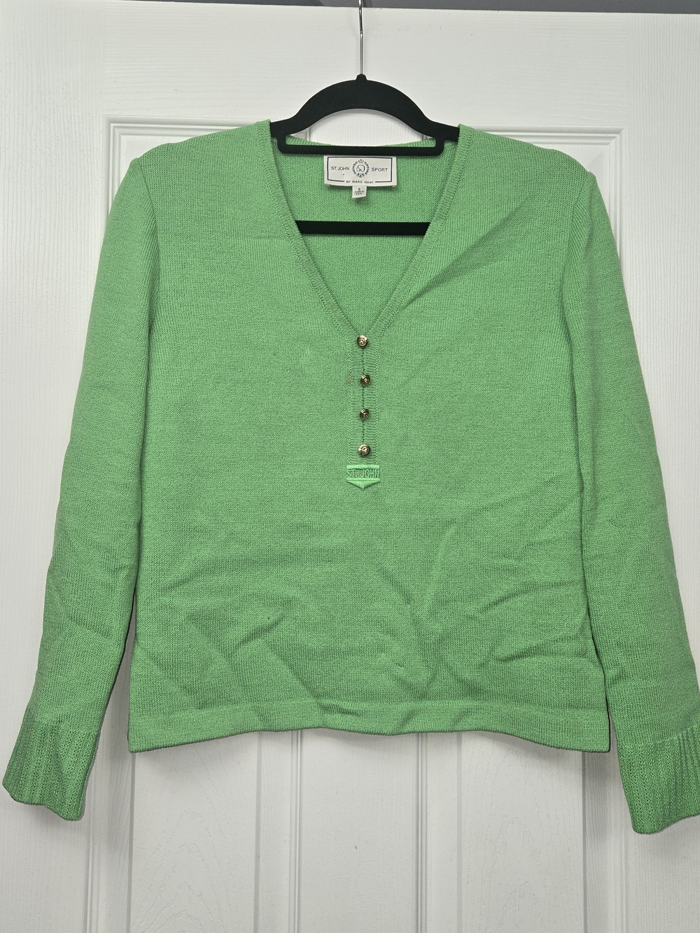 St John Sport Marie Gray Womens Green V Neck Henley Knit Sweater Gold Buttons S